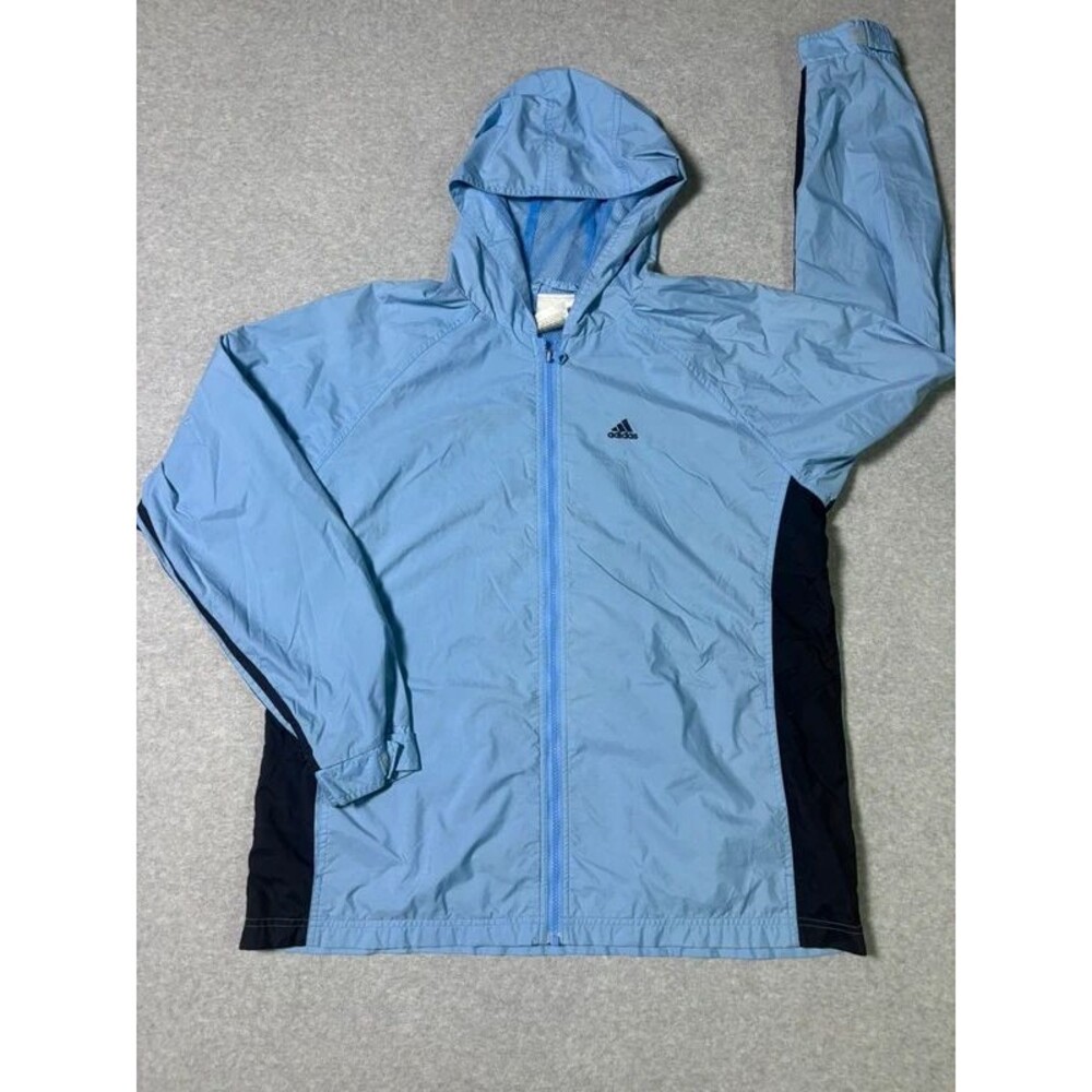 Adidas Light Blue & Navy Full Zip Hooded Windbreaker Jacket - Size XL